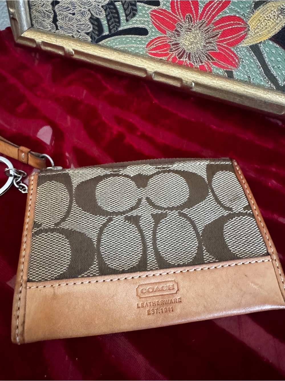 Vintage Coach Signature Canvas Mini Skinny ID Case Wallet Keychain Tan Leather